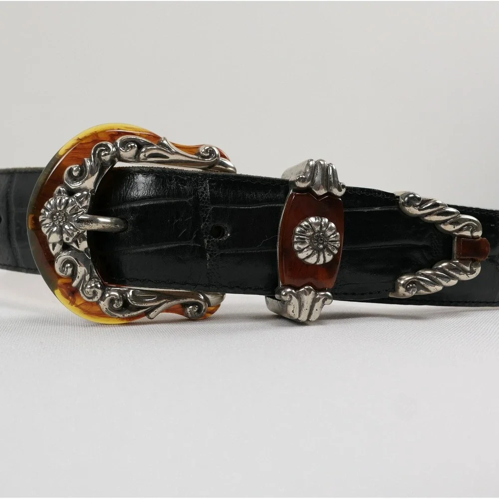 VTG Brighton Black Leather Croc Belt Amber Inlay Embossed Silver Buckle '96‎ USA